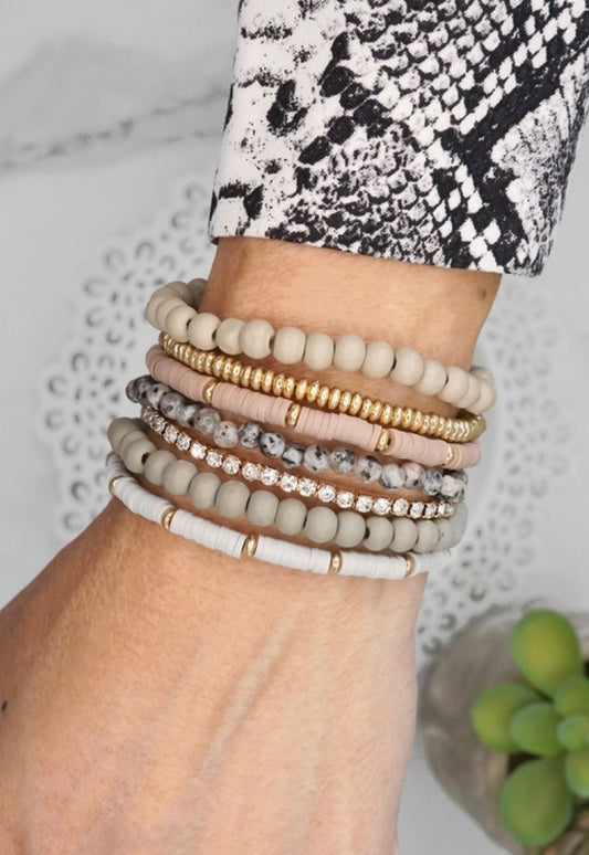 Beaded Bracelets Stack of 7 in Grey Tones