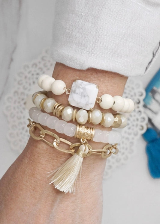 Boho Beads Tassel Bracelets Set with Semi Precious Stone White