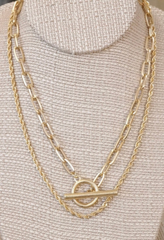 Front Toggle Closure Necklace Multi Layer Chain in Gold Tone