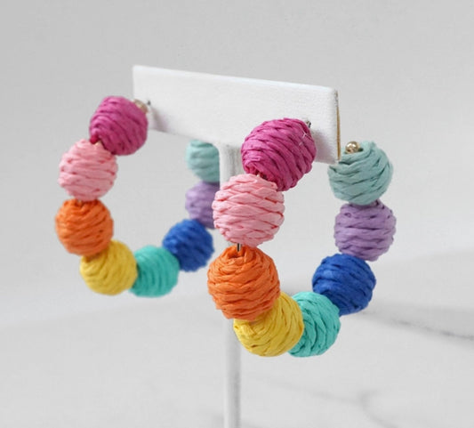 Raffia Hoop Earrings Hot Pink Teal Green Multi