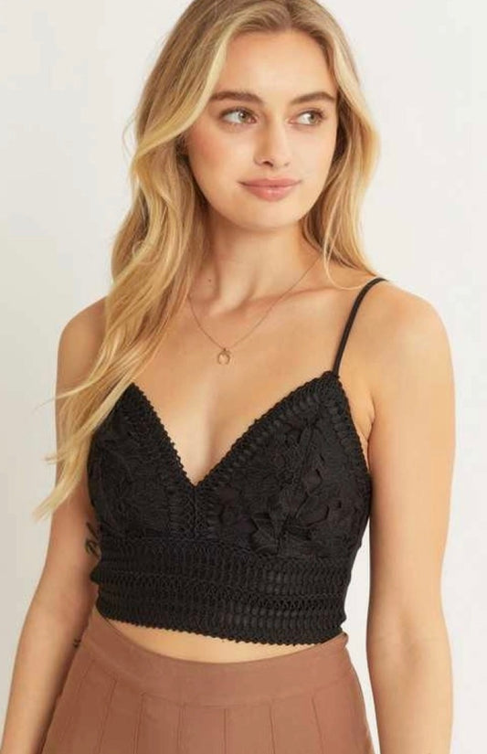 Textured Lace Crop Top-Black