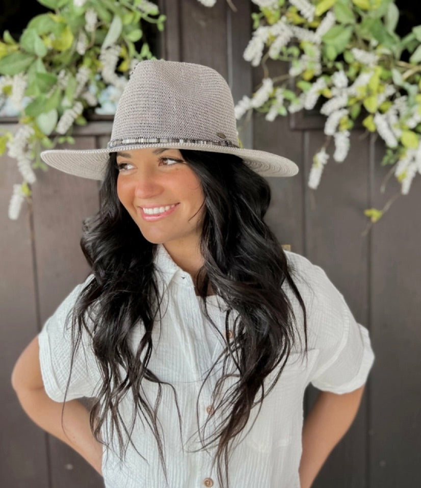 Knit Multi Thread Rhinestone Band Panama Hat-Dk Gray