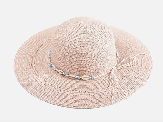 Agatha Straw Hat w/ Seashell & Bead Band-Blush