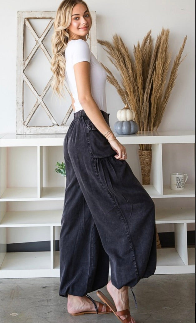 OH WASHED COLOR TENCEL 3D POCKET WIDE PANTS-Black