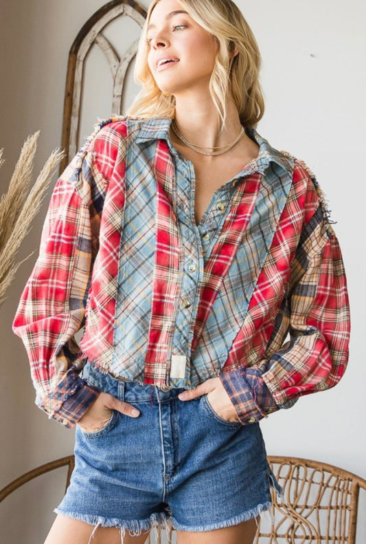 OH MIXED PLAID CROP SHIRT TOP-Red