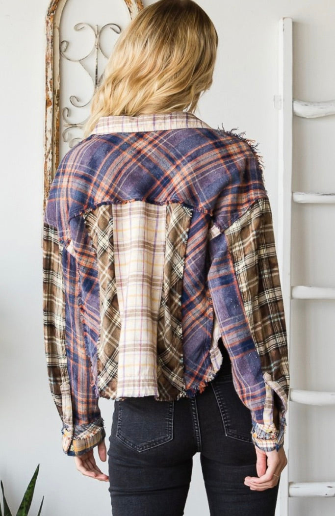 OH MIXED PLAID CROP SHIRT TOP-Red