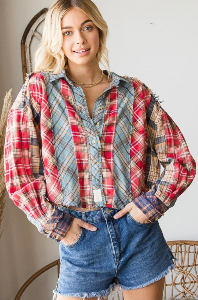 OH MIXED PLAID CROP SHIRT TOP-Red