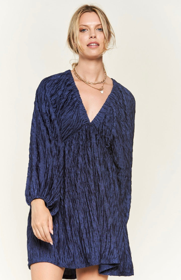 Crinkle Deep V-Neck Dress-Navy