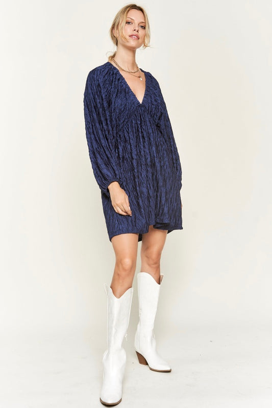 Crinkle Deep V-Neck Dress-Navy