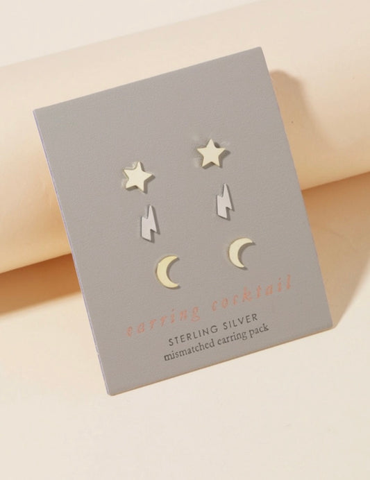 Sterling Silver Moon Lightning Star Stud Earring Set