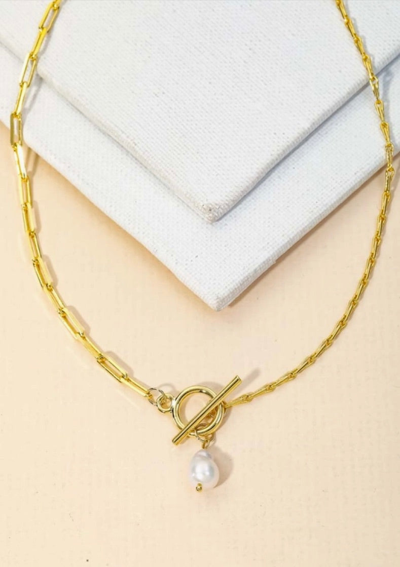 Toggle Chain Pearl Charm Necklace