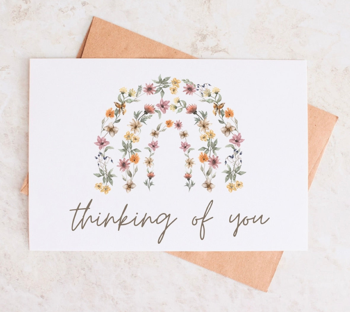 Thinking of You Rainbow Flowers Floral Arch Stationary Card