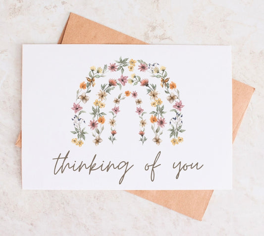 Thinking of You Rainbow Flowers Floral Arch Stationary Card