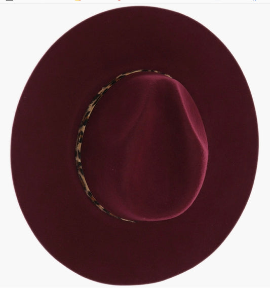 Leopard Trim Wool Felt Brim Hat-BERRY