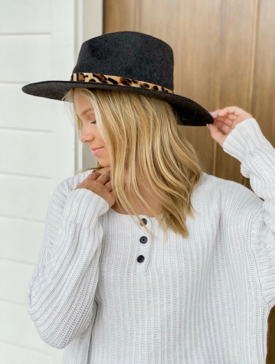 Leopard Trim Wool Felt Brim Hat-BLACK