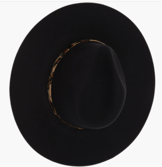 Leopard Trim Wool Felt Brim Hat-BLACK