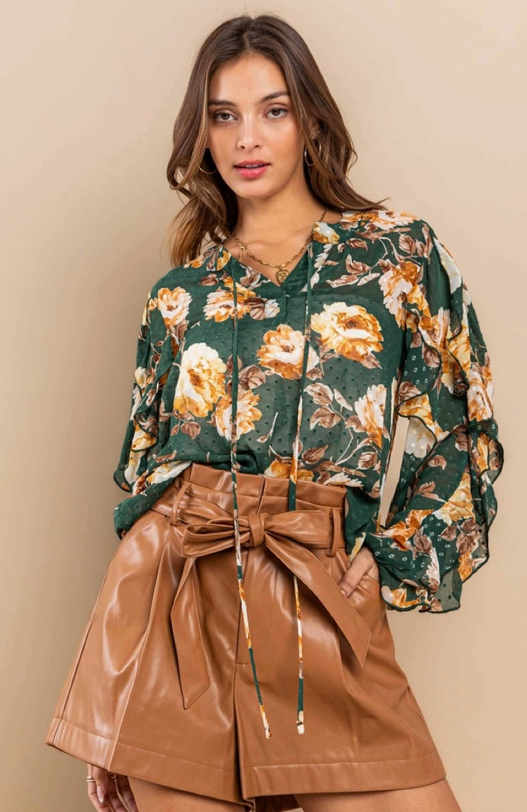 Textured Dotted Floral Print Woven Blouse-Green