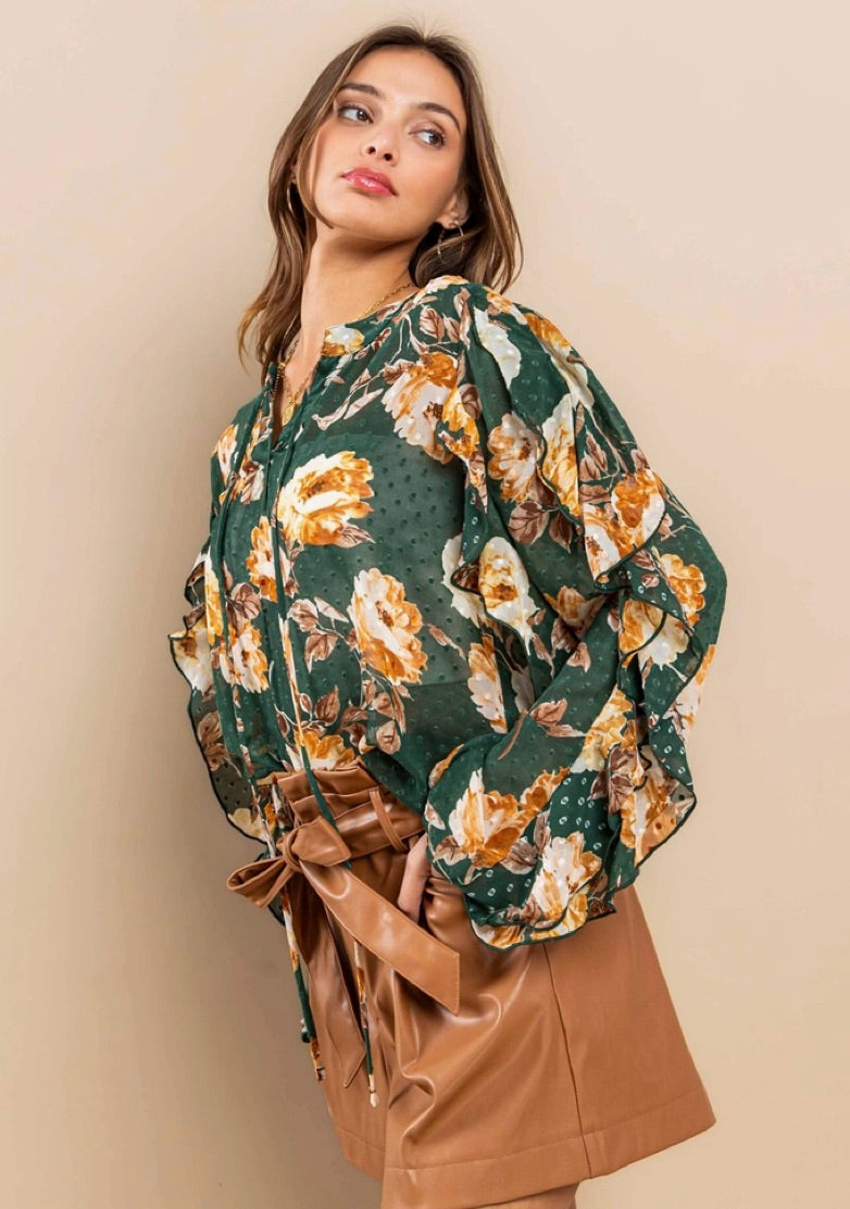 Textured Dotted Floral Print Woven Blouse-Green