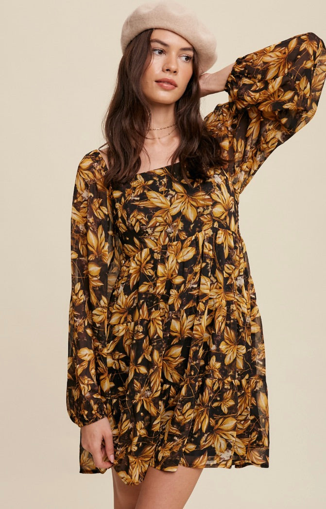 Leaf Print Square Neck Tiered Mini Dress-Mustard