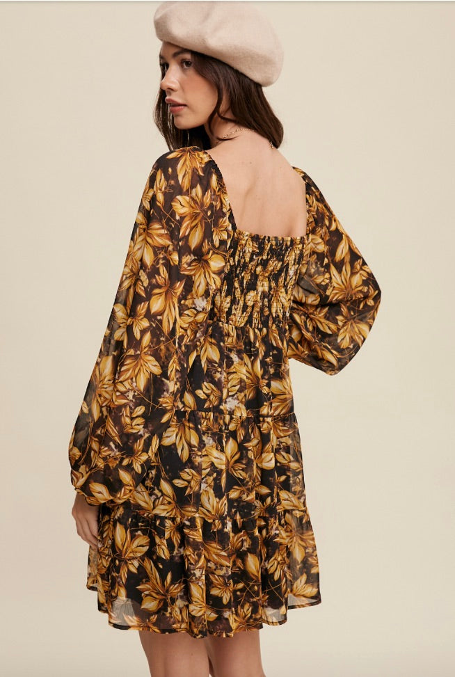 Leaf Print Square Neck Tiered Mini Dress-Mustard