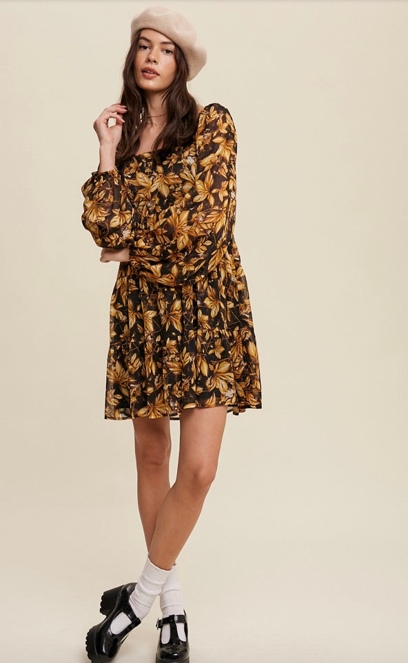 Leaf Print Square Neck Tiered Mini Dress-Mustard