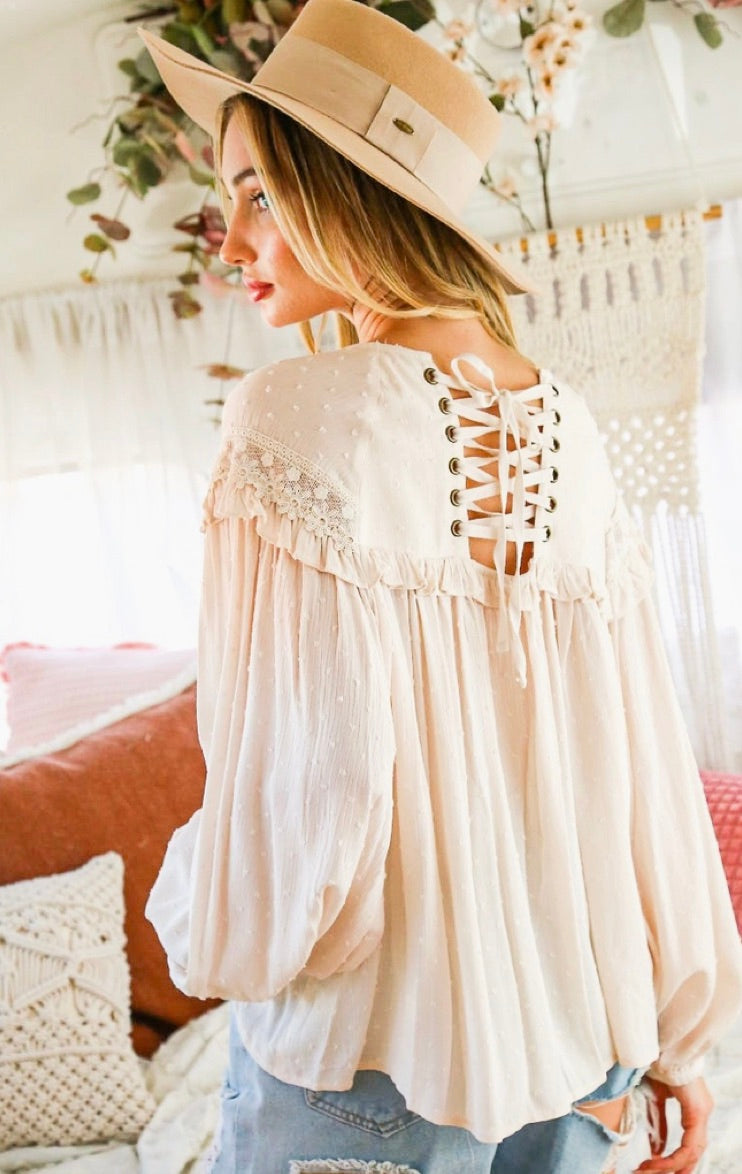 Lace-Up Back Detail Swiss Dot Patterned Blouse -Natural