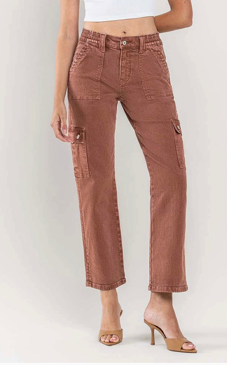 High Rise Patch Pocket Cargo Straight Jeans-Red Brick