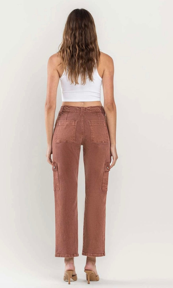 High Rise Patch Pocket Cargo Straight Jeans-Red Brick