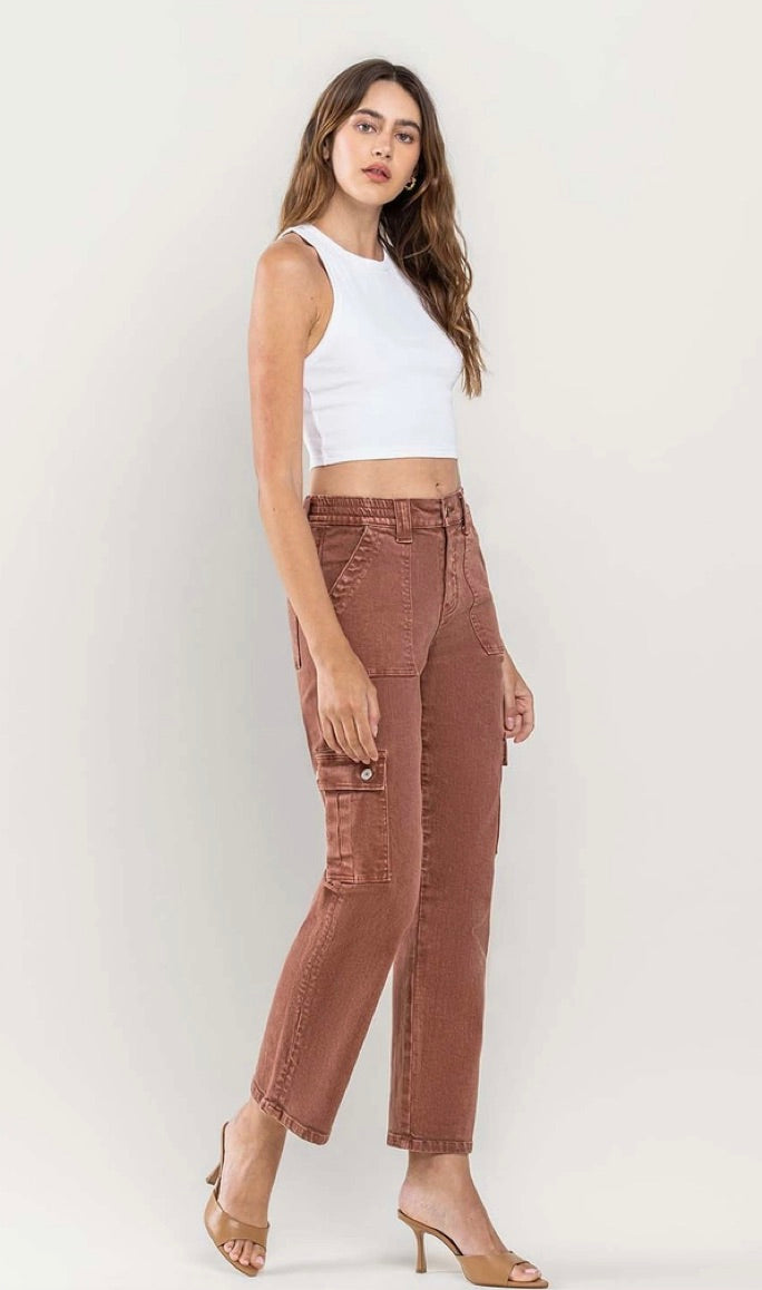 High Rise Patch Pocket Cargo Straight Jeans-Red Brick