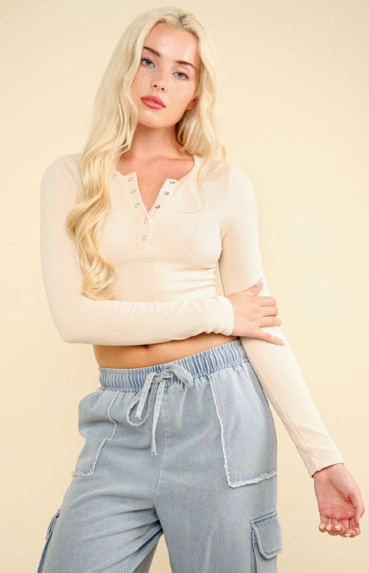 Easy Comfy Casual Fitted Crop Henley Knit Top-Cream