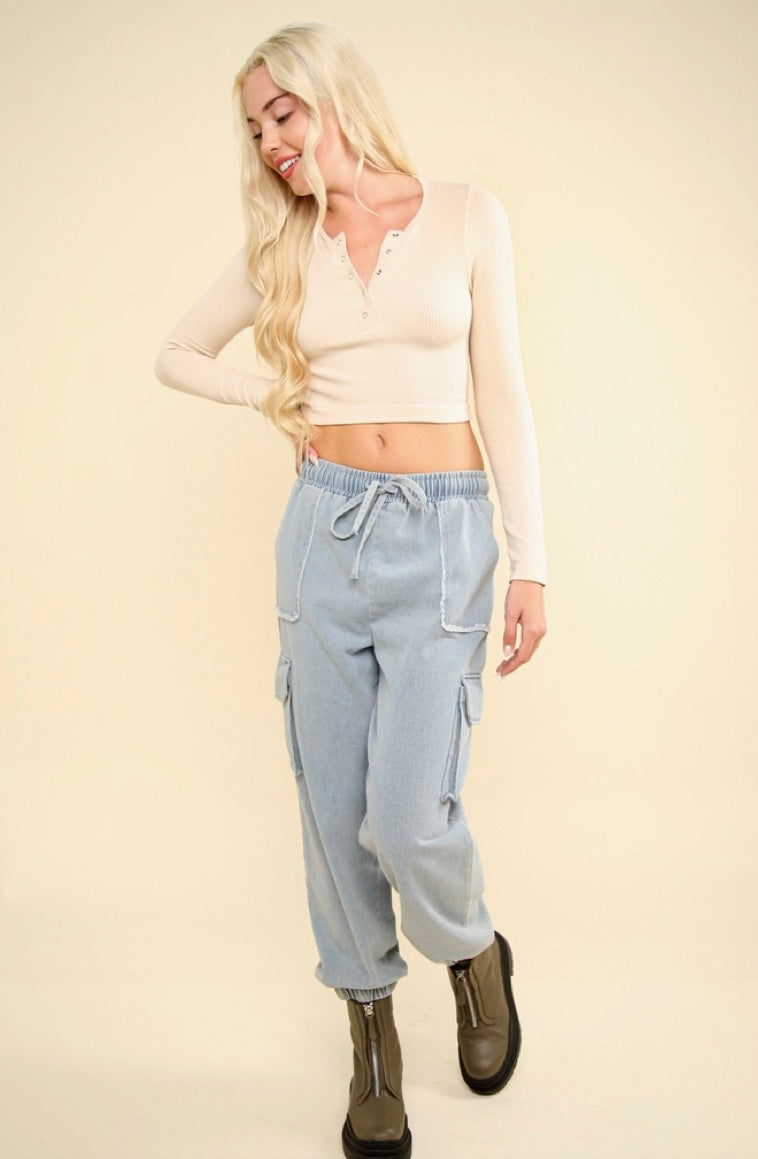 Easy Comfy Casual Fitted Crop Henley Knit Top-Cream