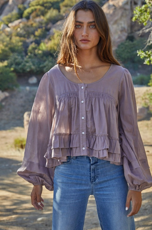 Felicity Woven Cotton Long Sleeve Ruffle Top-Vintage Mauve