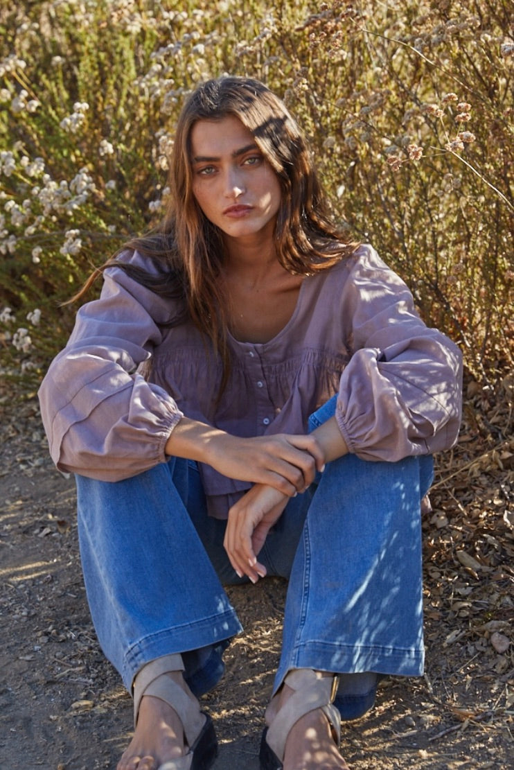 Felicity Woven Cotton Long Sleeve Ruffle Top-Vintage Mauve