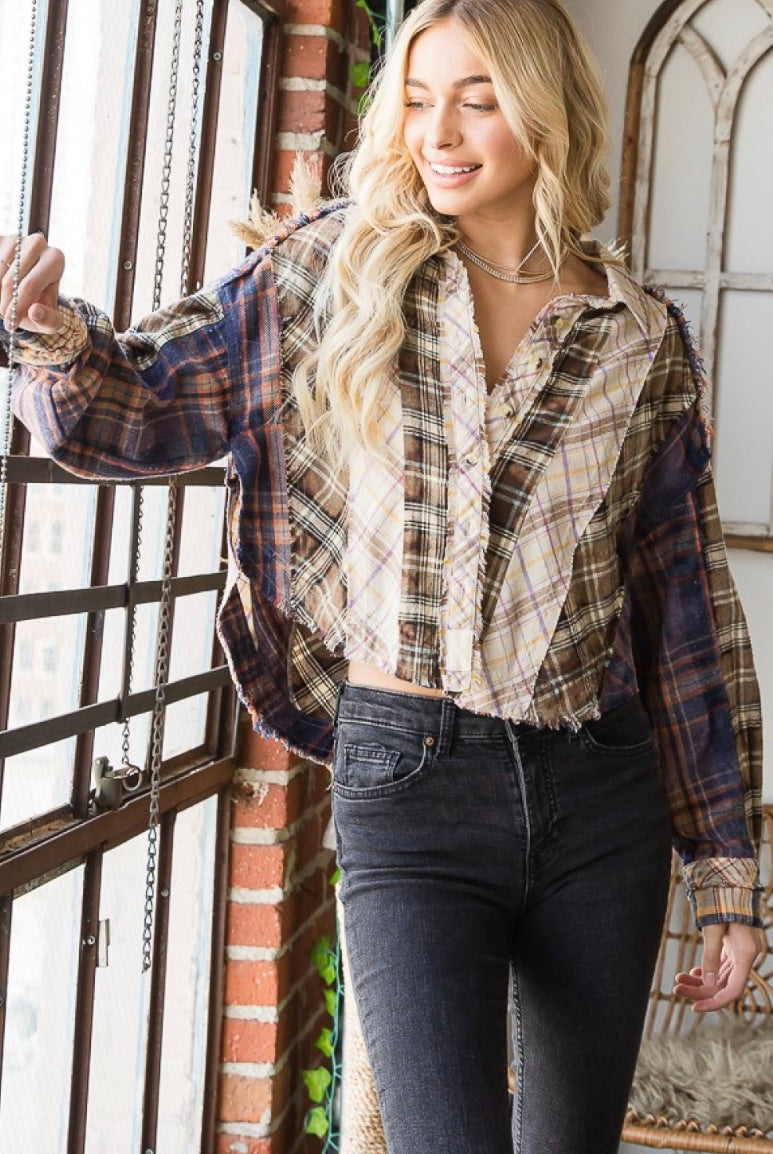 MIXED PLAID CROP SHIRT TOP-Purple