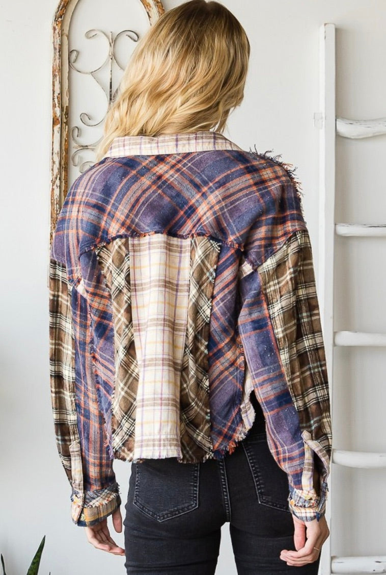 MIXED PLAID CROP SHIRT TOP-Purple