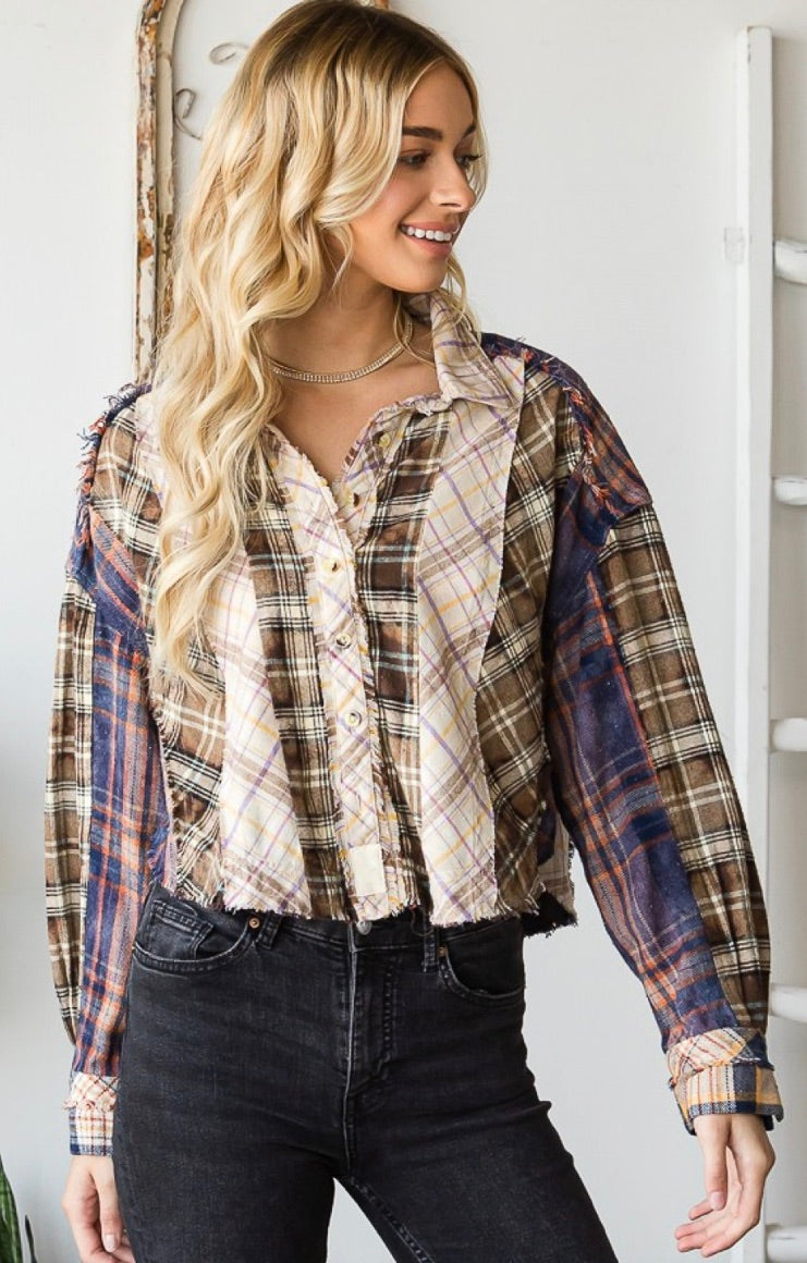 MIXED PLAID CROP SHIRT TOP-Purple