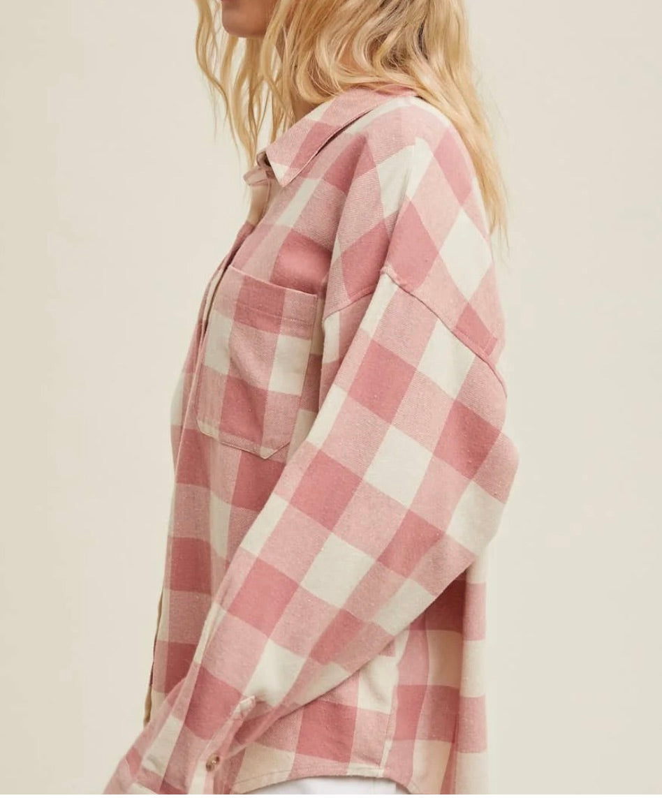 Fraise Flannel Button Up-Pink/Natural