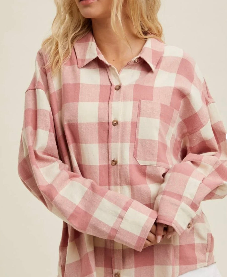 Fraise Flannel Button Up-Pink/Natural