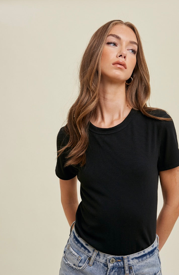 Perus Short Sleeve Ribbed Top-Black