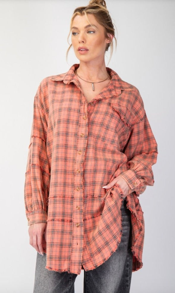 Sunstone Mineral Wash Oversized Button Down Top-Coral/Cream