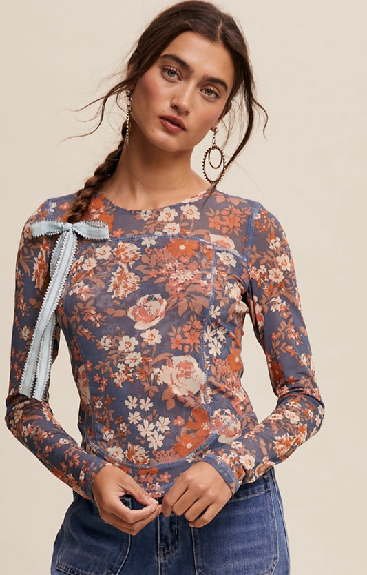 Floral Print Mesh Fitted Long Sleeve Top-Denim