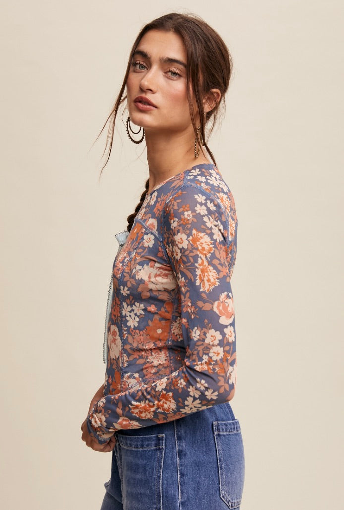 Floral Print Mesh Fitted Long Sleeve Top-Denim