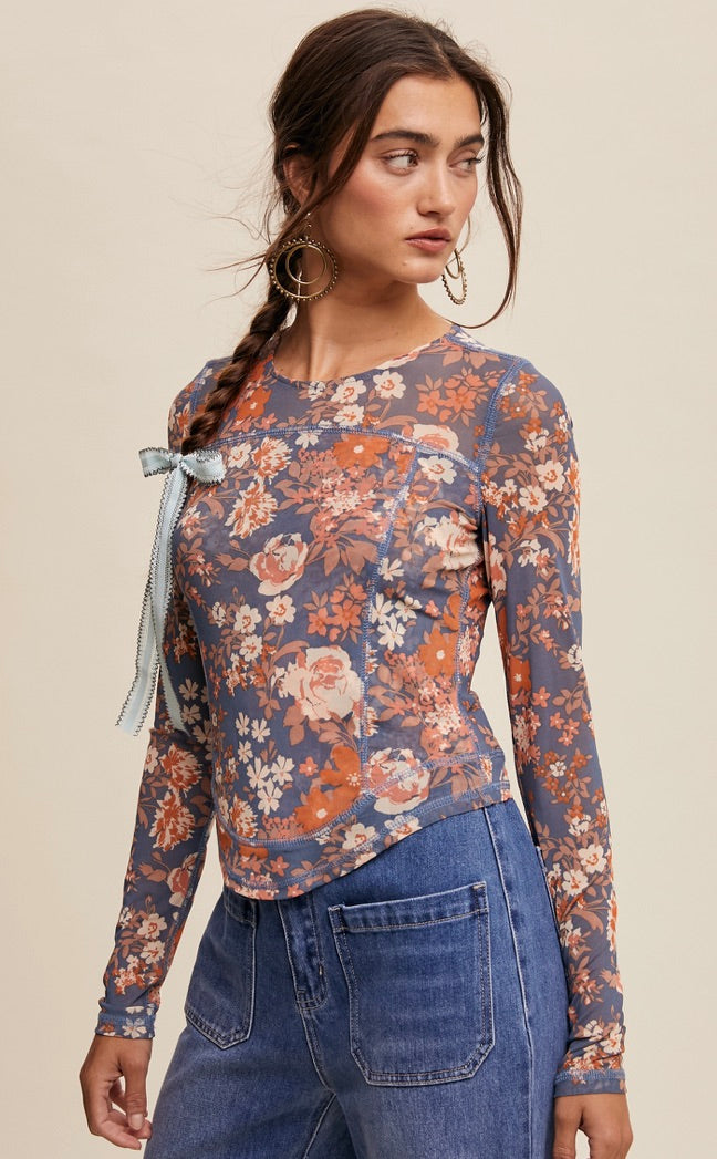 Floral Print Mesh Fitted Long Sleeve Top-Denim