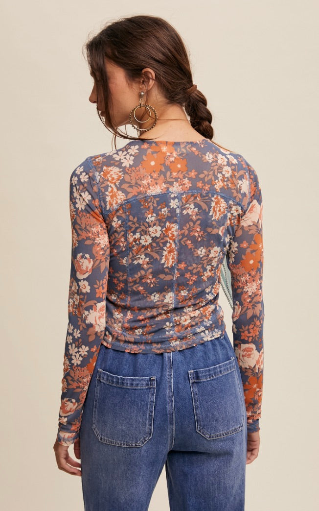 Floral Print Mesh Fitted Long Sleeve Top-Denim