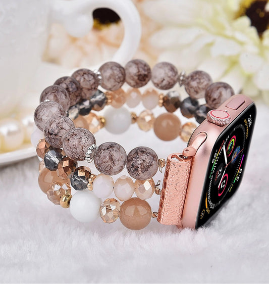 Beaded Apple Watch Elastic Bracelet Band-Coffee Pearl