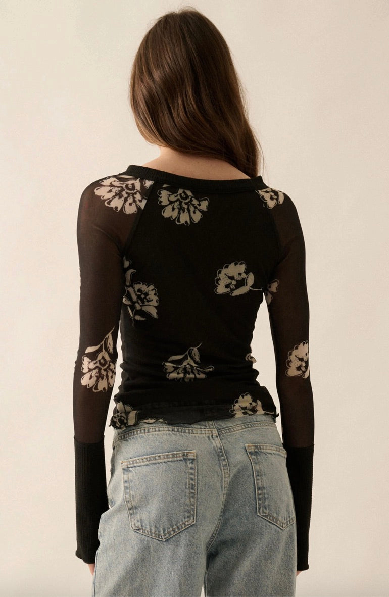 Floral-Print Mesh Raglan-Sleeve Henley Top