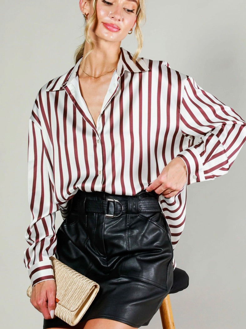 Collard Vertical Striped Printed Satin Blouse Top-Brown