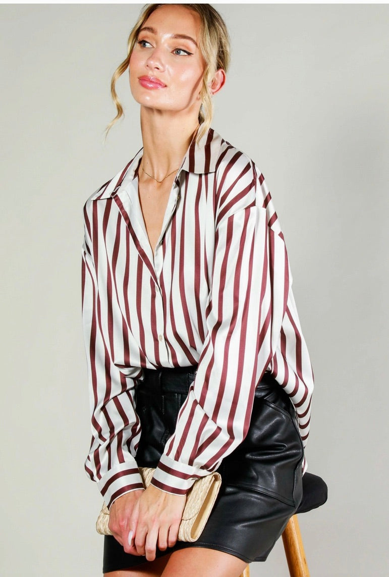 Collard Vertical Striped Printed Satin Blouse Top-Brown