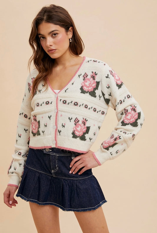 Floral Jacquard Cardigan-Cream