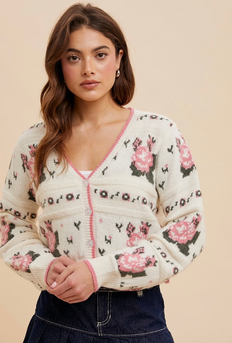 Floral Jacquard Cardigan-Cream